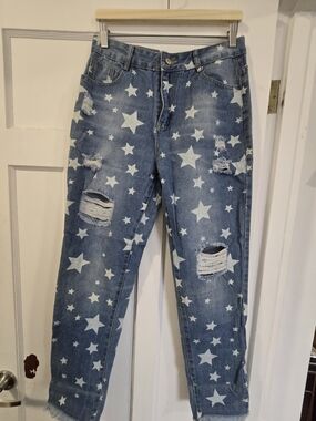 2010s Star Print Distressed Jeans